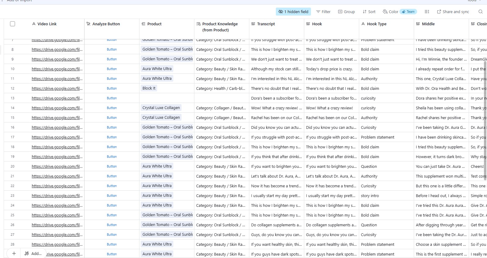 Airtable base showing real Dr. Ora UGC data with columns for hook type, transcript, product, and script variations across 28+ rows