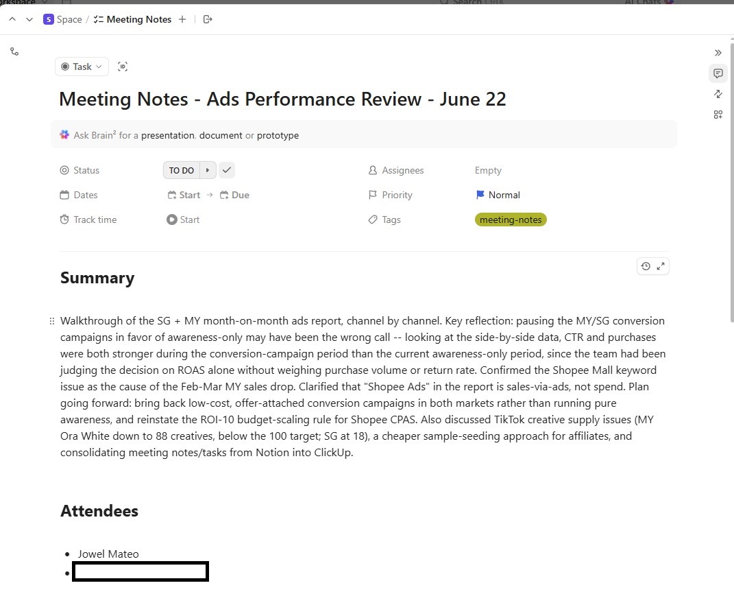 ClickUp meeting note output