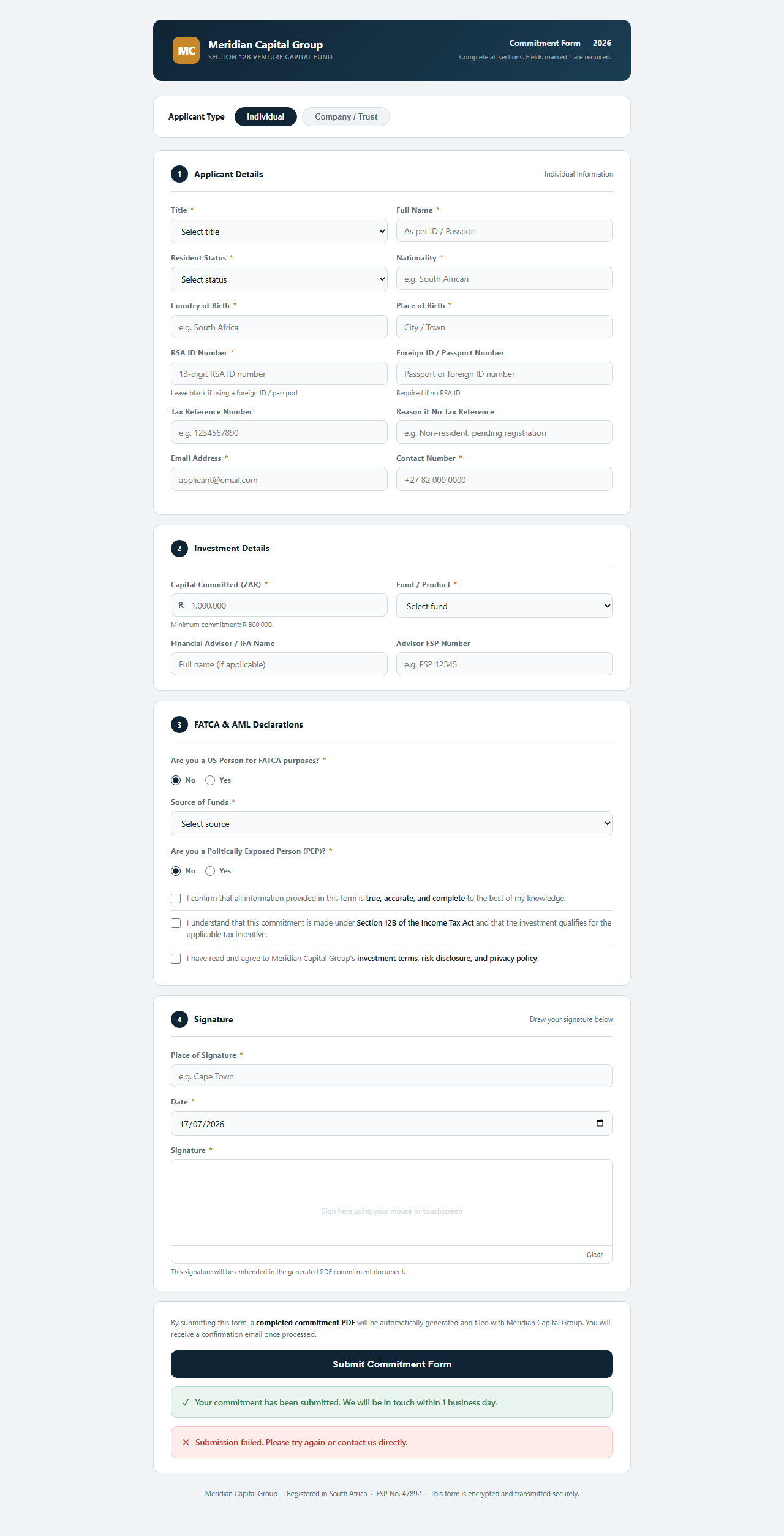 Meridian Capital Group commitment form - Individual view