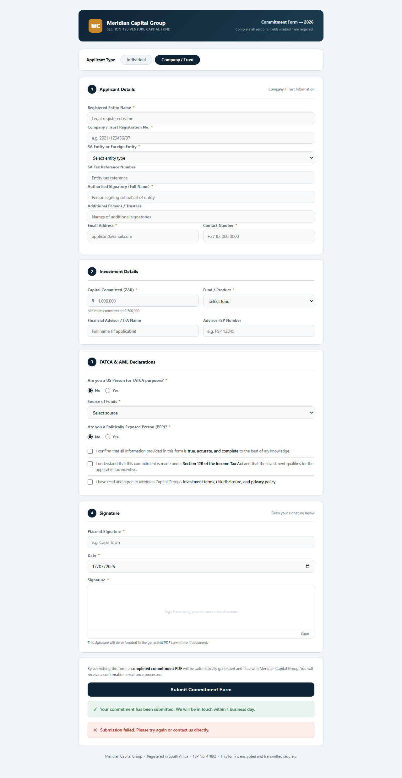 Meridian Capital Group commitment form - Company/Trust view